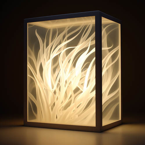 leaf pattern light fixtures hang inside sleek black background frames