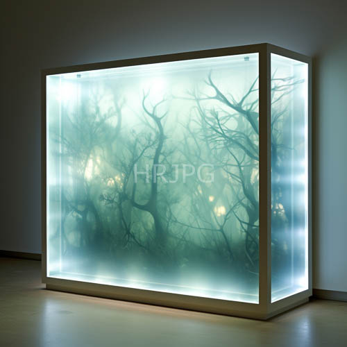 light refracts through glass vessels and wooden pedestals in mist