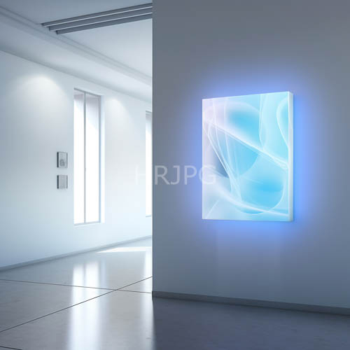 modern gallery space showcases realistic scenery with crisp white backdrop and blue hues