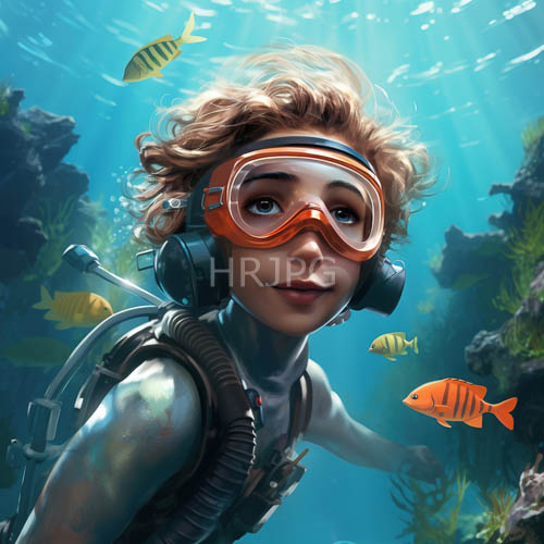 sunlit coral reefs teeming with schools of iridescent fish and diving gear
