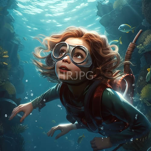 turquoise water reflects vibrant coral reef with curly brown hair and yellow fish