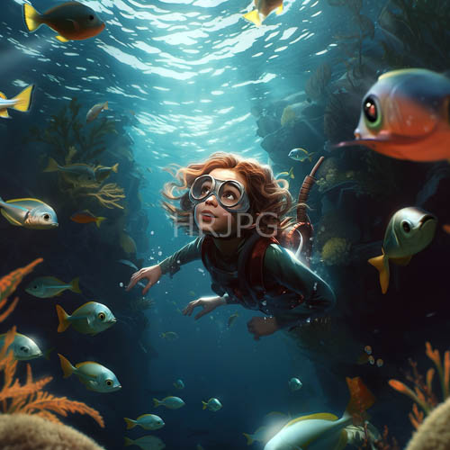 iridescent fish swim past girl in coral reef environment