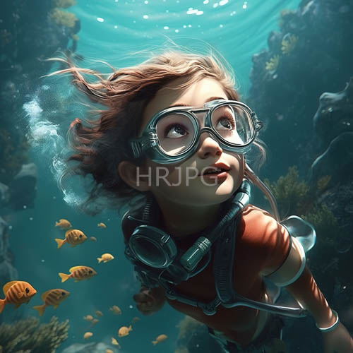 girl in light brown locks drifts beneath faded coral reefs in faint sunlight