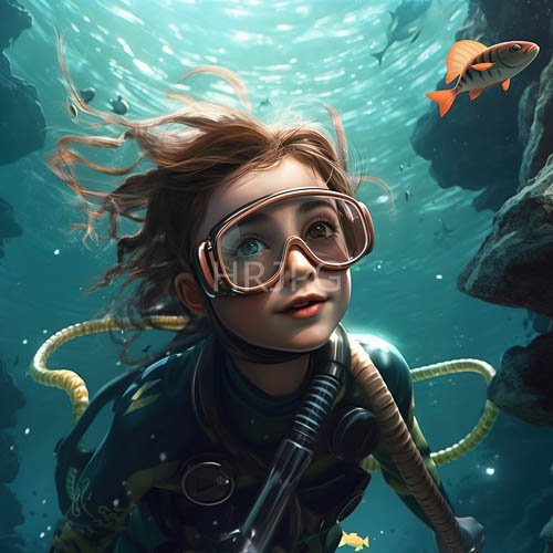 undulating ocean currents surround diver in orange iridescent waters of rocky outcroppings