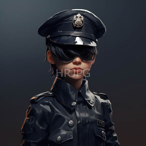 glossy navy blue uniform jacket with metallic insignia on young persons androgynous features