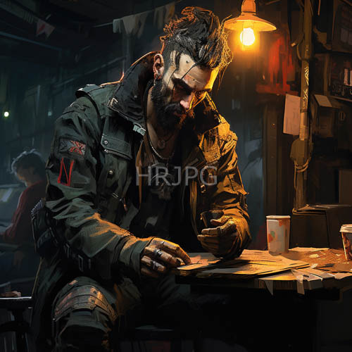 faded posters cast dull orange hue over weathered wooden table and rugged leather glove