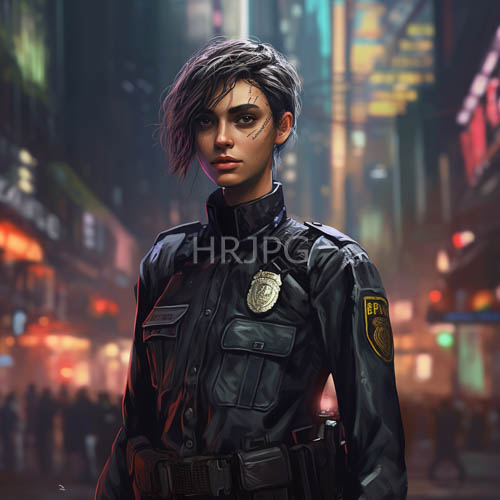 neonlit cityscape contrasts nypd uniform in kaleidoscopic urban environment