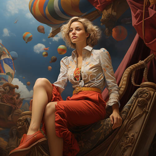 honeyblonde cascading hair frames heartshaped face amidst whimsical sky and ornate furniture