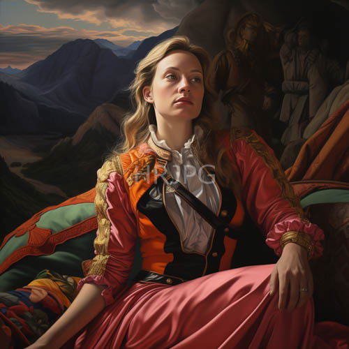 clouds drift across mountainside as woman sits amidst ornate embroidery and shadows