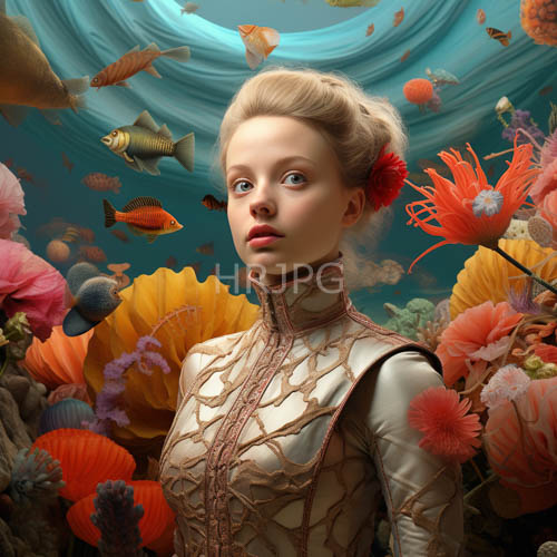 turquoise currents swirl around fairskinned woman in underwater realm with jadehued fish and luminous flowers
