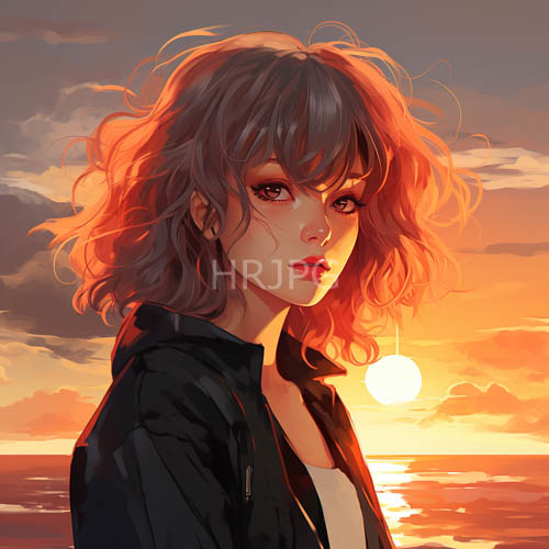 sunset light dances across wavy brown hair in a calm ocean setting