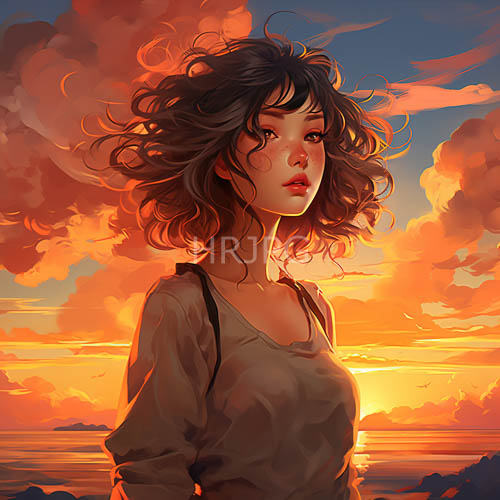 turquoise waters ripple near women standing under orange clouds