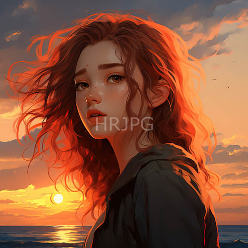 wavy red hair blazes with orange pink hues at oceans edge at sunset