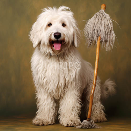 earthtoned dogs curly fur stands out on rustic wooden backdrop amidst textured greenishbrown wall