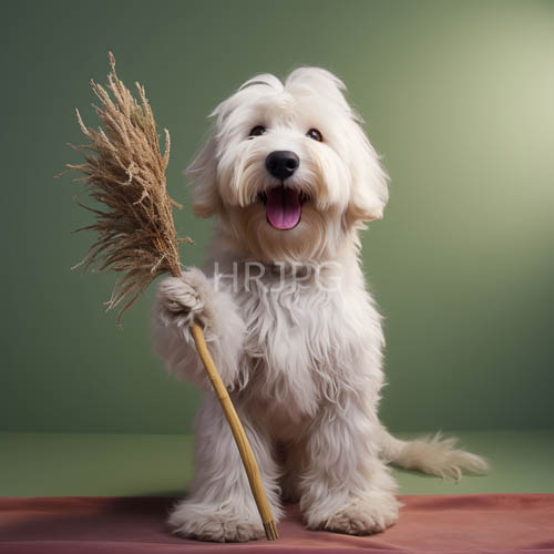 furry canine form embellished with flickering light on soothing green gradient background