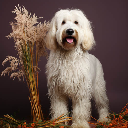 dog amidst autumnal pampas grasses and scattered leaves
