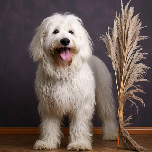 High Resolution: Fluffy canines joyful expression amidst pampas grass and weathered wooden floorboards download. | HRJPG.com