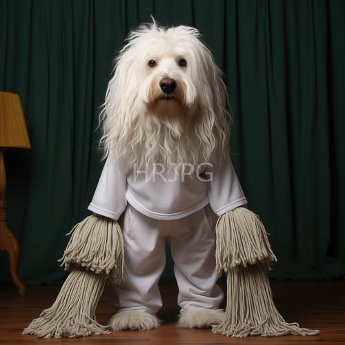 playful canine in deep green curtainlined room with faded yellow lamp