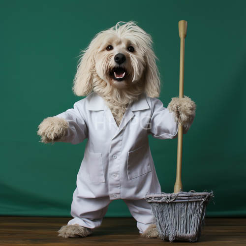 wooden flooring contrasts with toy poodles delicate features and mop in established environment