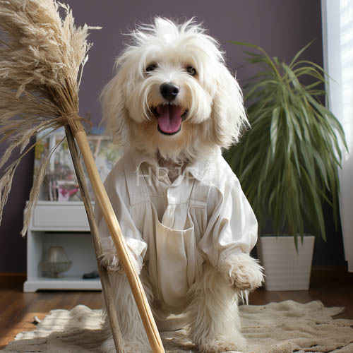 sunlight streams through blinds onto beige carpet with poodle in creamcolored shirt