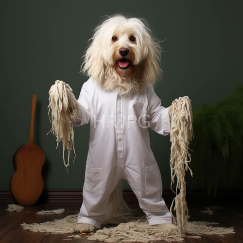 fluffy white poodle poses with tattered ropes amidst wooden floor and guitar