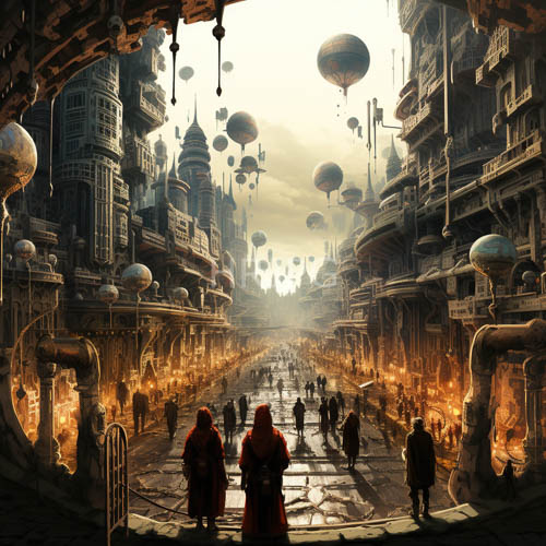 silhouetted figures amidst worn cobblestones and winding clockwork machines in bustling cityscape