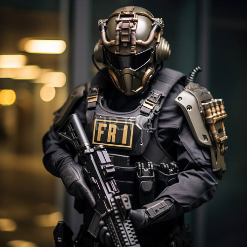 metallic armor in frosty alleyway with distant warm yellow glow