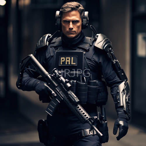officer pal clad in black tactical gear and blonde hair framing angular face