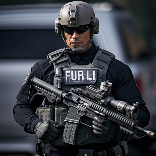 tactical officer in muted urban landscape with faint ambient lighting