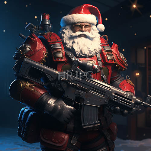 santa clauss futuristic armor shines in dimly lit room with weathered wooden rifle