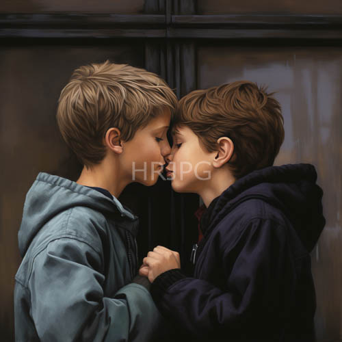 youthful embrace amidst dark wooden panels in faded blue hoodies