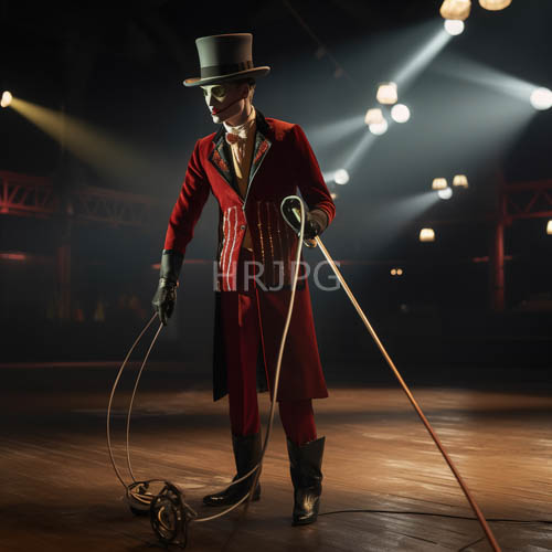 red velvet stage floors reflect bright spotlights around a circassian horseman