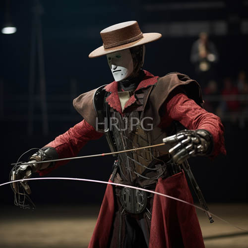 luxuriant masked cowboy character adorned with intricate dark red and brown embroidery