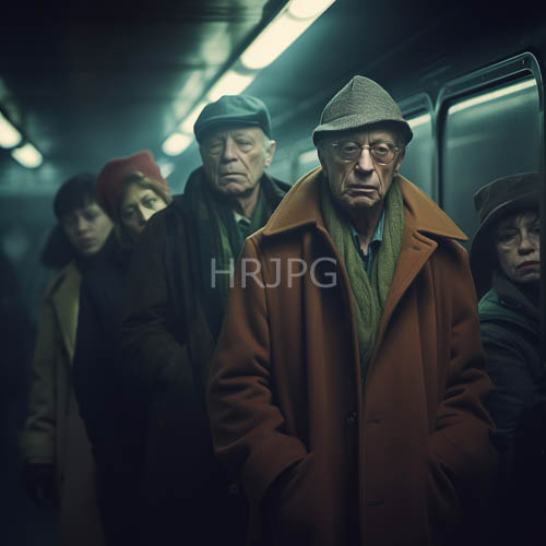 faded fluorescent lights illuminate the stooping frame of an elderly urban dweller in a dimly lit subway car