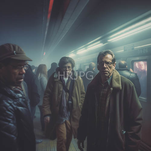 elderly men in winter coats amidst foggy subway cars industrial lighting