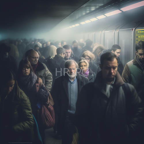elderly man amidst faded blues and earthy tones in subway car congestion