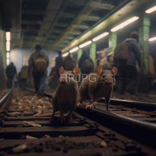 railway tracks worn by gritty gravel beneath the feet of two small brown rats with pink ears