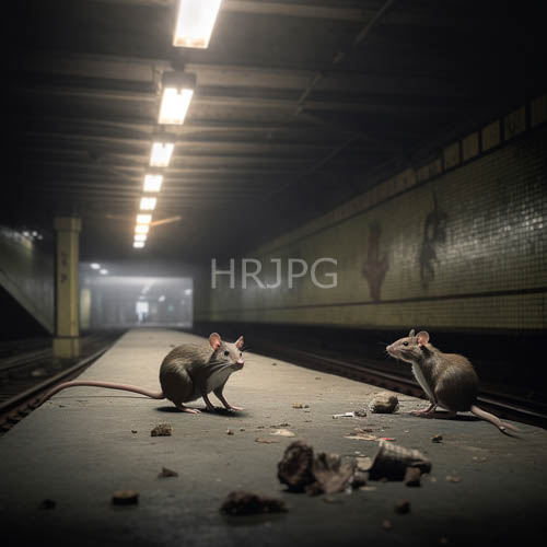 rodents occupy worn subway platform amidst scattered crumbs and graffiti