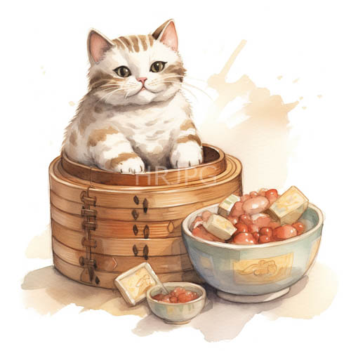 whimsical feline encounter in muted earthy tones amidst bamboo abundance