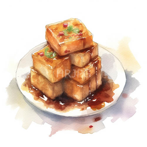 goldenbrown tofu cubes on snowy white plate evoke warmth and freshness