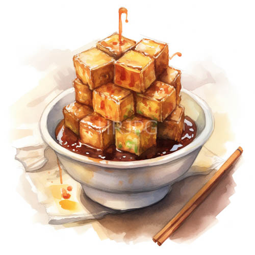 tofu cubes rise in a precarious stack within an offwhite bowl amidst a rich dark brown sauce