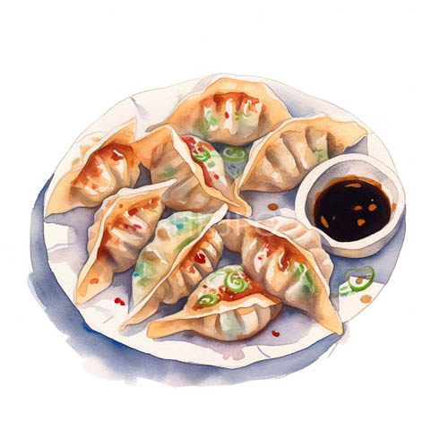 watercolor realistic dumpling display on parchment paper in a serene lakeinspired setting