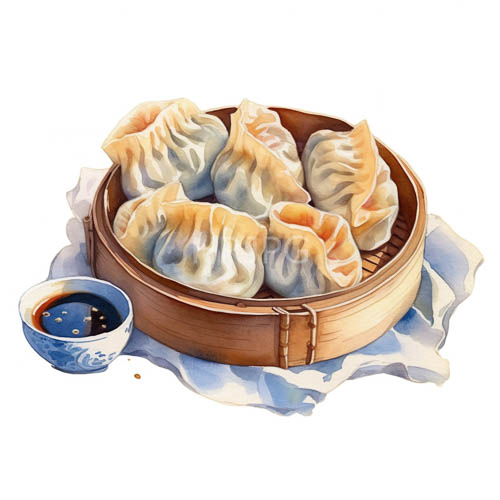 bamboo basket containing steamed dumplings on ceramic bowl amid crumpled paper napkins in ambient light