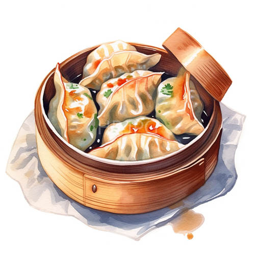 High Resolution: Plump dumplings rest in wooden baskets with green herbs download. | HRJPG.com