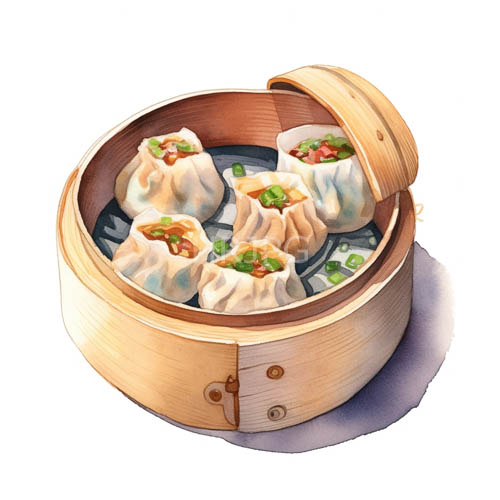 steamed dumplings on worn wooden steamers against cold metal trays