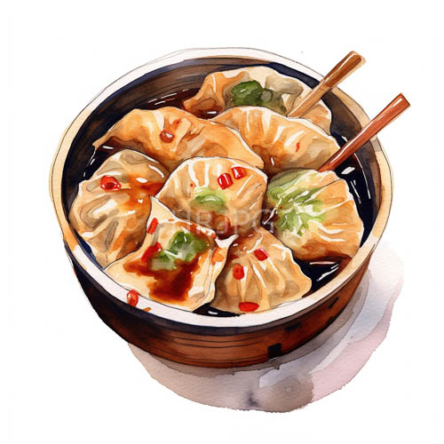 suspended dumplings in emerald landscape with chili sauce and bamboo