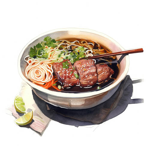 vermicelli entwined with dark broth on weathered wooden chopstick