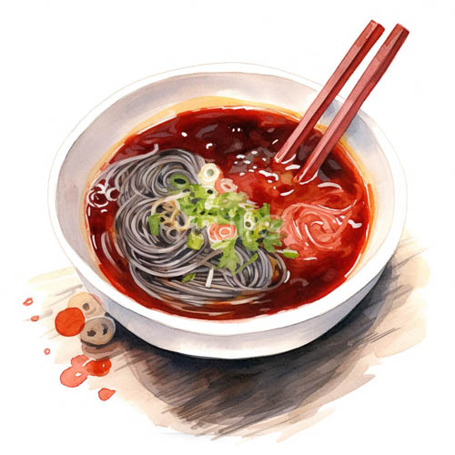 minimized porcelain bowl on gray backdrop overflows with steaming hot red broth