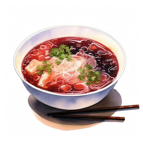 ceramic bowl with crimson broth and twisted noodles in morning light