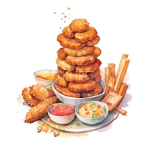 crispy fried dough rings tower amidst vibrant salsa and ketchuplike sauces